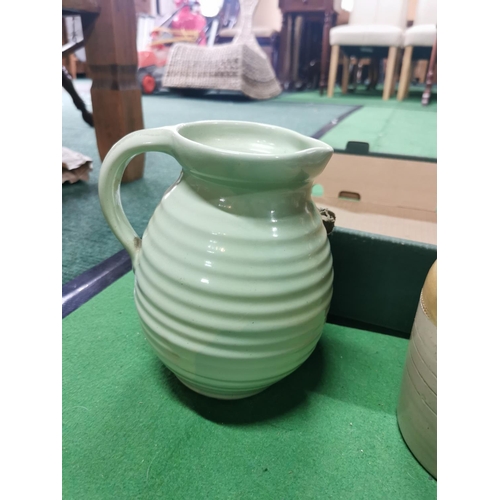 86 - Box of odds inc Buckley ware type bowl, French cast iron lidded cooking pot a Denby jug etc