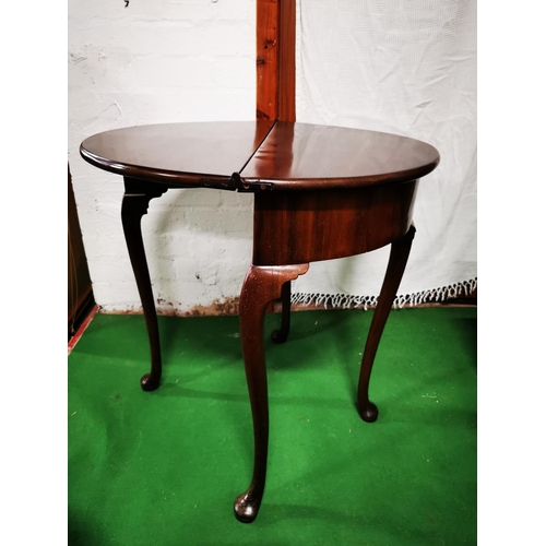 374 - George III period folding half moon tea table solid mahogany with fold out forth leg Queen Anne legs... 