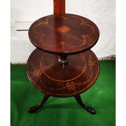 383 - Antique George III period fine quality inlaid mahogany dumb waiter 83cm high, 56cm diameter