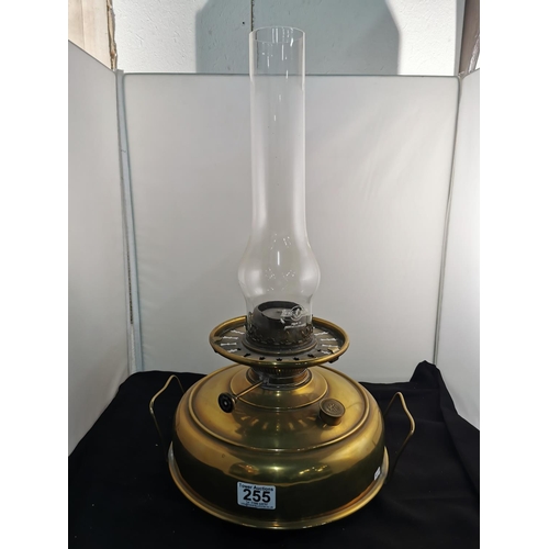 275 - Nice quality Victorian Juno brass oil lamp heater with a very large cranberry glass shade all in goo... 