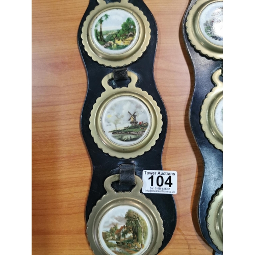 104 - Pair of horse brasses with ceramic pictures to the centre