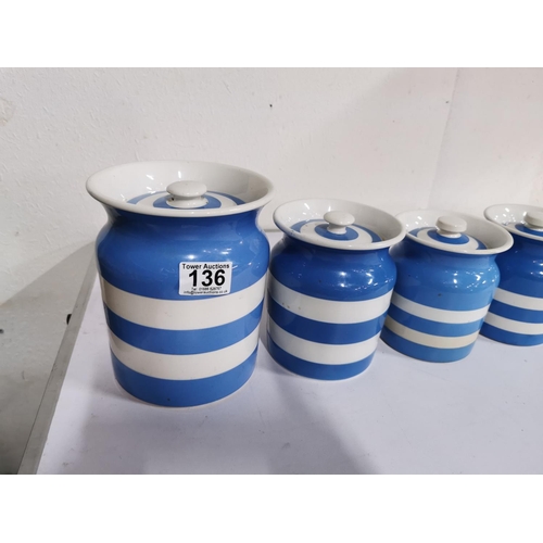 136 - Quantity of 6 T.G Green Cornish ware lidded pots of varying sizes, one lid has an old repair otherwi... 