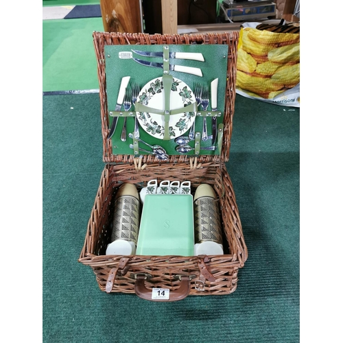 14 - Wicker picnic basket containing  Sirram picnic set inc two thermos flasks cups saucers cutlery etc