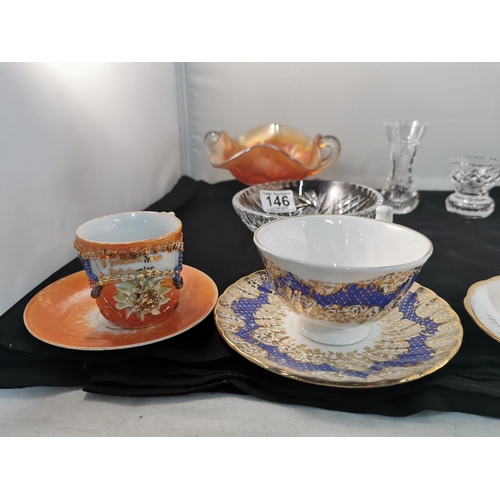 146 - four pieces of good quality crystal glassware inc a Thomas Webb bowl and four cups & saucers inc Roy... 