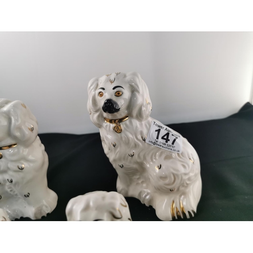 147 - Four Royal Doulton Staffordshire seated dogs, tallest dog is 15cm tall in good order