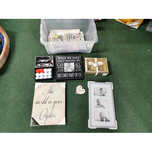 16 - Box of odds inc box of golf balls pictures frames etc