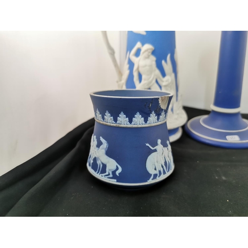 162 - Quantity of 5 vintage Wedgwood jasperware items inc a pair of candle sticks, the jug has a chip / ol... 