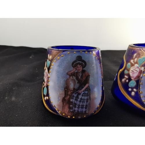 164 - Pair of hand painted Bristol blue glass pots one has an old repair only noticeable on close inspecti... 