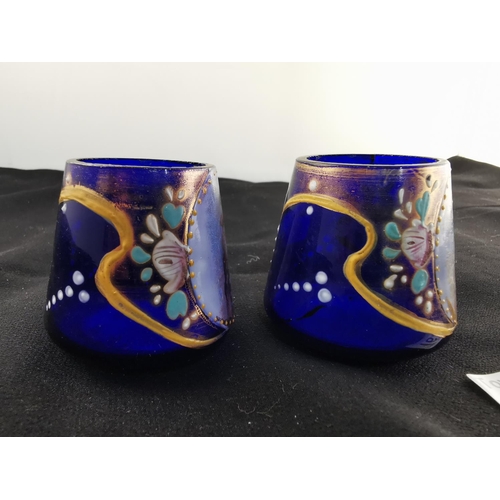 164 - Pair of hand painted Bristol blue glass pots one has an old repair only noticeable on close inspecti... 