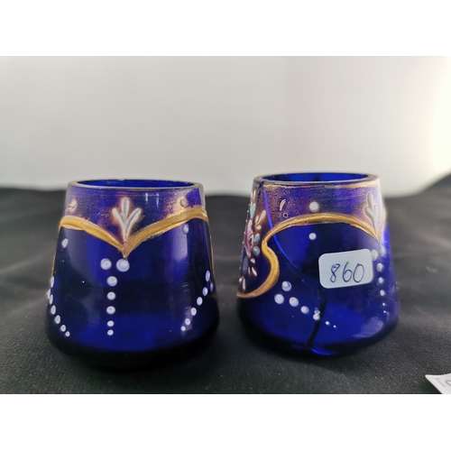 164 - Pair of hand painted Bristol blue glass pots one has an old repair only noticeable on close inspecti... 