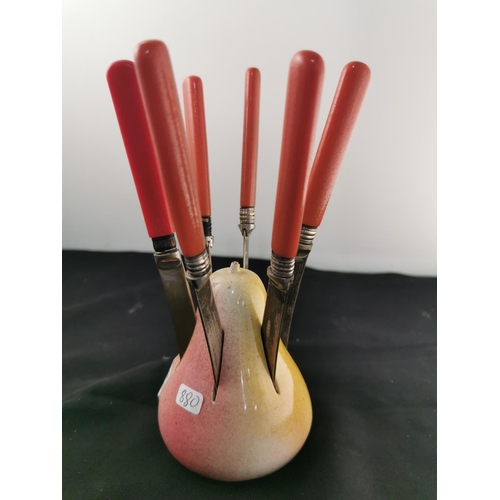 169 - Vintage art deco pear knife set on a pear formed holder