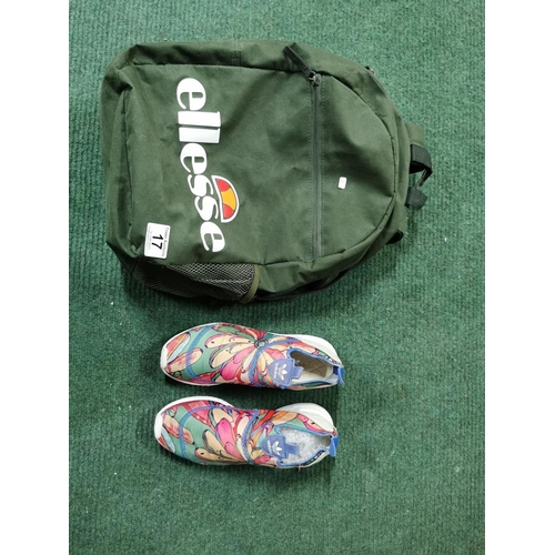 17 - Ellesse rucksack along with a pair of genuine Adidas  Torsion ladies trainers size 5.5