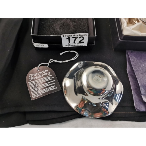 172 - Quantity of silver plated items inc boxed grenadier dishes, a boxed Britannia bonbon dish and a plat... 