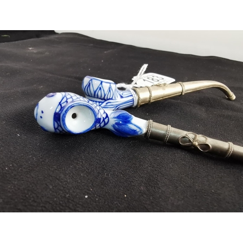 183 - Pair of blue and white ceramic opium pipes