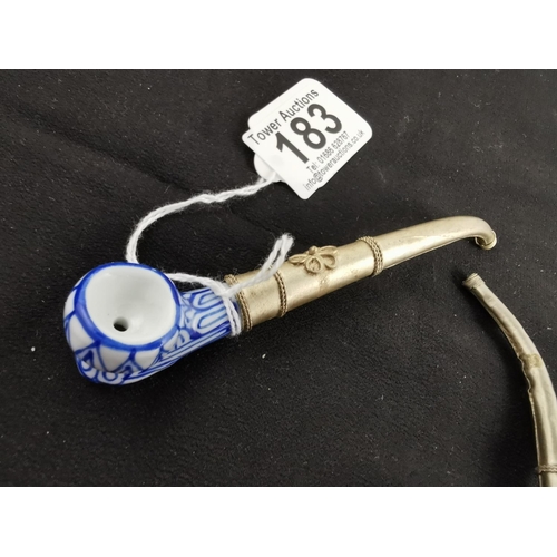 183 - Pair of blue and white ceramic opium pipes