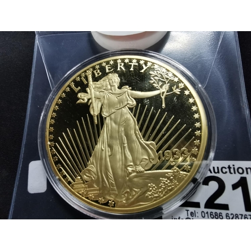 221 - Oversized gold layered coin commemorating the 1933 double Eagle $20 coin with COA