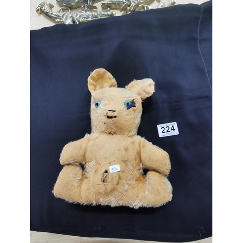 224 - Vintage teddy bear with a wood block insert on the belly with a hole may have had a pull string