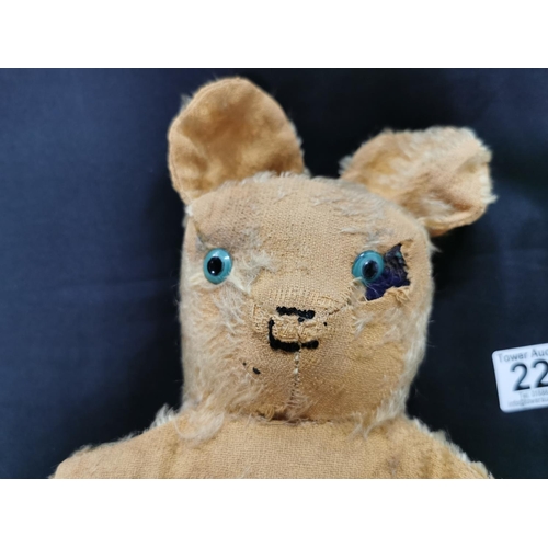 224 - Vintage teddy bear with a wood block insert on the belly with a hole may have had a pull string