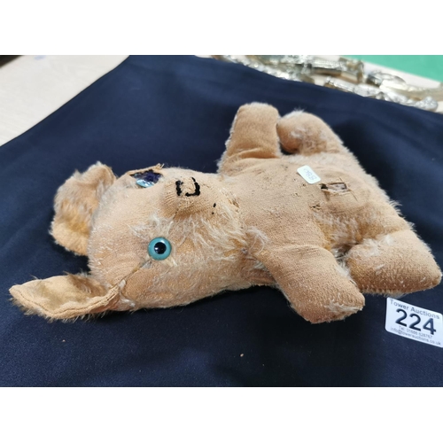 224 - Vintage teddy bear with a wood block insert on the belly with a hole may have had a pull string