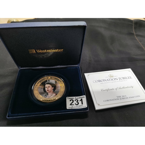 231 - Coronation Jubilee 2013 65mm 24ct gold plated coin with a portrait of H.M. Queen Elizabeth II to the... 