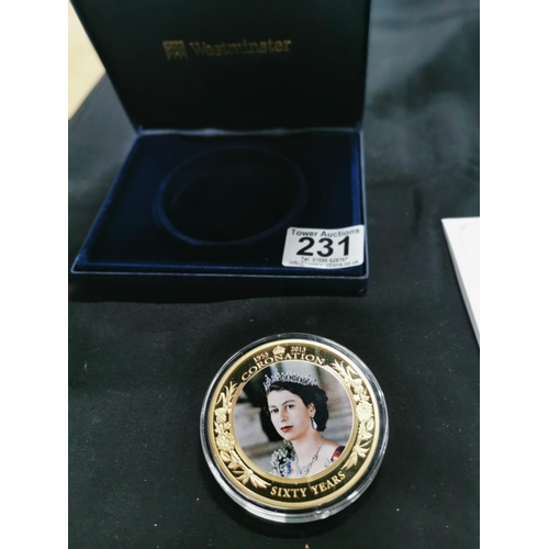 231 - Coronation Jubilee 2013 65mm 24ct gold plated coin with a portrait of H.M. Queen Elizabeth II to the... 