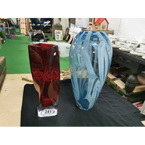 241 - Two large art glass vases a blue swirl vase and a red twist vase, height of blue vase 37cm width 18c... 