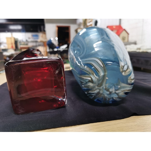 241 - Two large art glass vases a blue swirl vase and a red twist vase, height of blue vase 37cm width 18c... 