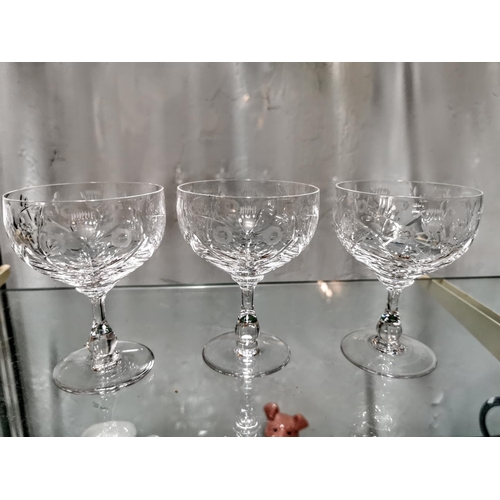 245 - Quantity of crystal glassware inc 5 whiskey tumblers three etched thistle glasses 6 large wine glass... 