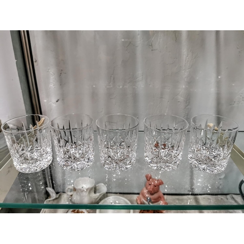 245 - Quantity of crystal glassware inc 5 whiskey tumblers three etched thistle glasses 6 large wine glass... 