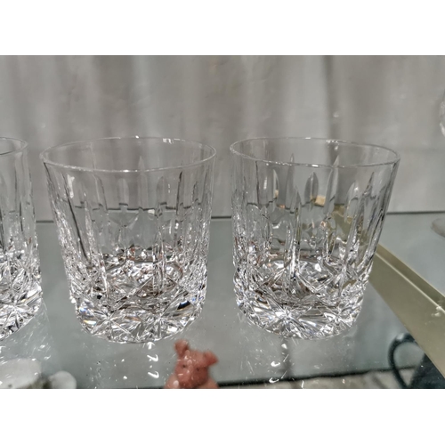 245 - Quantity of crystal glassware inc 5 whiskey tumblers three etched thistle glasses 6 large wine glass... 