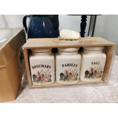 247 - As new boxed farmyard kitchen spice and cheese set along with a blue Denby teapot and a cast iron bl... 