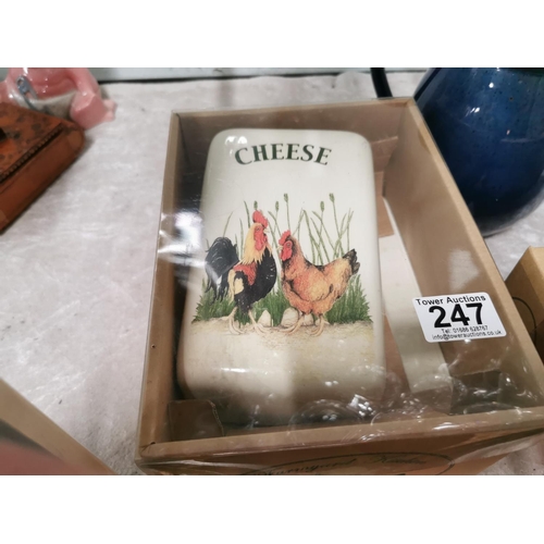 247 - As new boxed farmyard kitchen spice and cheese set along with a blue Denby teapot and a cast iron bl... 