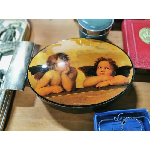 249 - Quantity of vintage tins inc a black lacquered box with a cherub scene and a quantity of Colemans Mu... 