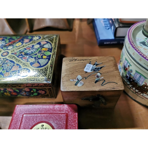 249 - Quantity of vintage tins inc a black lacquered box with a cherub scene and a quantity of Colemans Mu... 