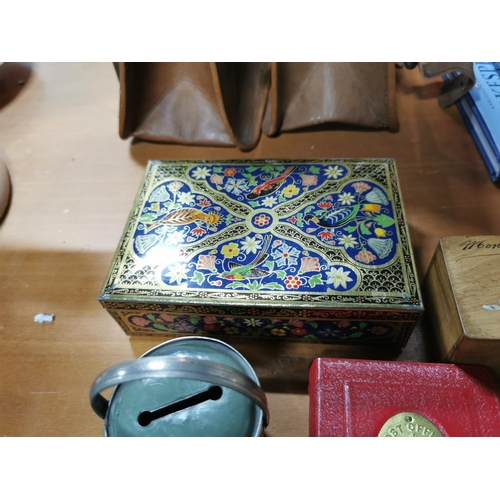 249 - Quantity of vintage tins inc a black lacquered box with a cherub scene and a quantity of Colemans Mu... 