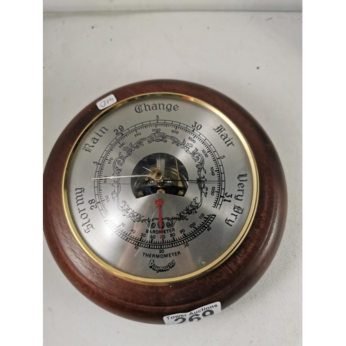 269 - Baymaster mahogany cased barometer along with an antique oversized oak cased alarm clock by Junghans