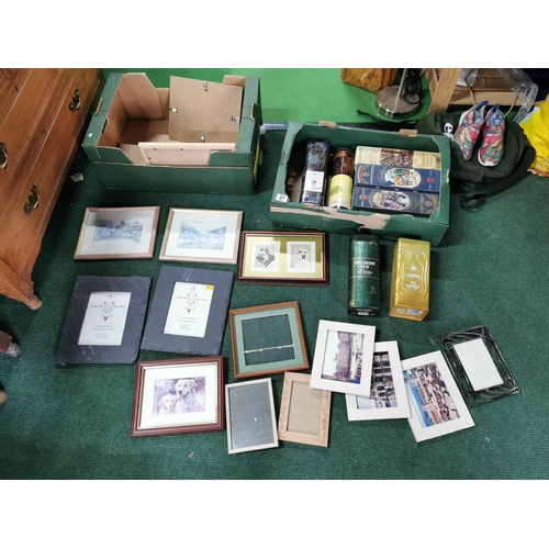 27 - Box full of empty whiskey tins and a box full of empty picture frames inc two slate picture frames