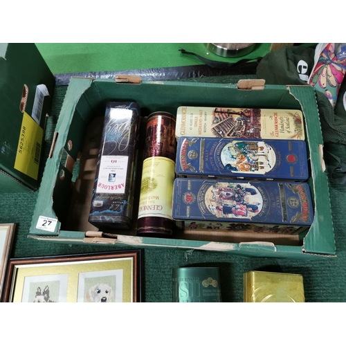 27 - Box full of empty whiskey tins and a box full of empty picture frames inc two slate picture frames