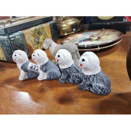 272 - Four small stone ware English sheep dog figures and one other figure, each dog figure is 9cm tall