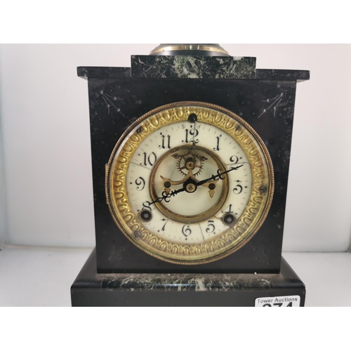 274 - Antique slate and marble mantel clock by Ansonia with a visible escapement to the front and an acorn... 