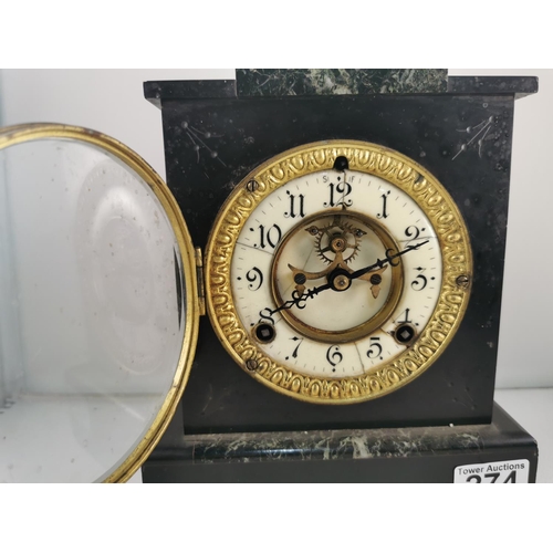 274 - Antique slate and marble mantel clock by Ansonia with a visible escapement to the front and an acorn... 