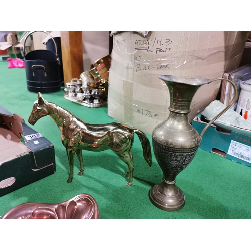 302 - Box of metal ware inc an art nouveau copper crumb scoop, brass horse, pair of panorama 10x50 binocul... 