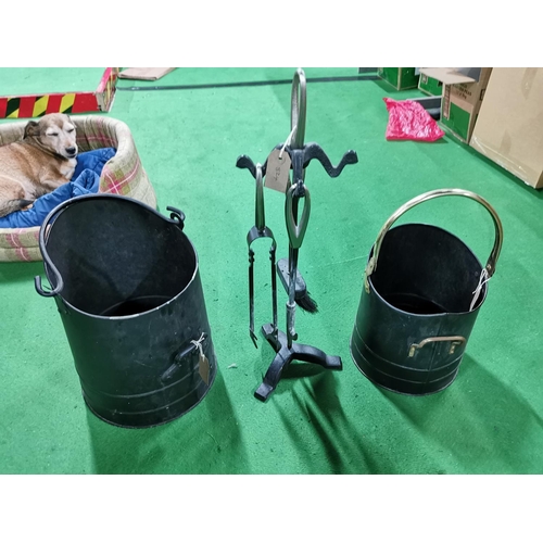 306 - Two coal buckets and a companion set, one piece missing from companion set