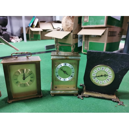 308 - Box full of clocks inc two Seiko travel clocks a Bentima wall clock, Metamec carriage clock etc