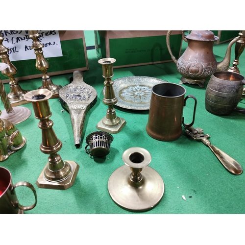 309 - Two boxes full of brass and copper ware inc a brass canon three teapots enamelled egg solid brass ca... 