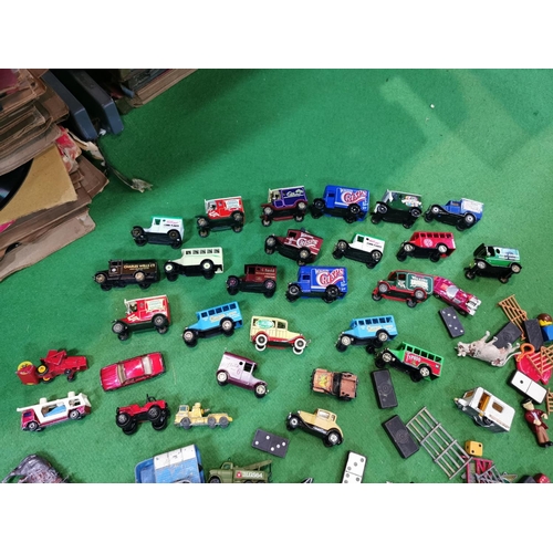 32 - Box full of diecast cars and other toys inc lead figures etc