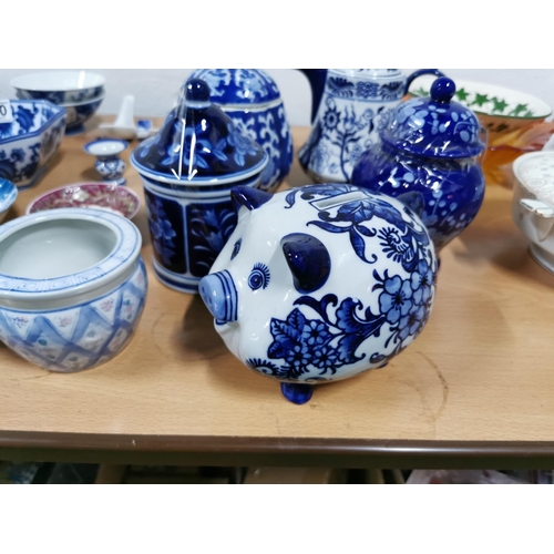 320 - Quantity of blue and white oriental china inc lidded pots, teapots, bowls, Saki set etc