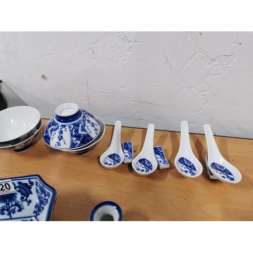 320 - Quantity of blue and white oriental china inc lidded pots, teapots, bowls, Saki set etc