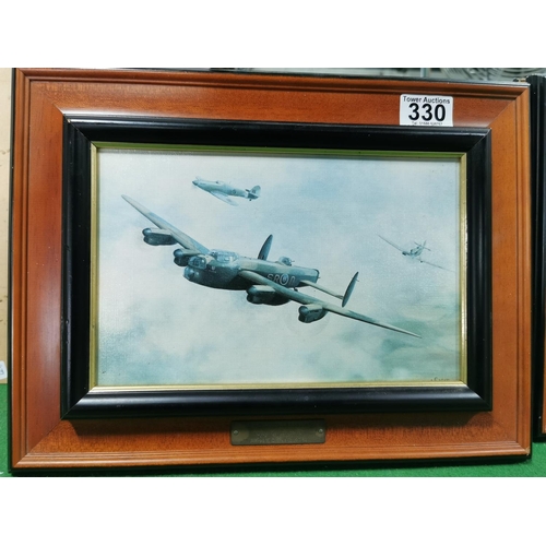 330 - Two framed pictures of WWII aeroplanes, made to look like oil paintings by Alfred Clarke