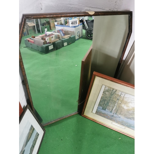 405 - Vintage oak framed wall mirror and to pictures inc a picture of Barmouth